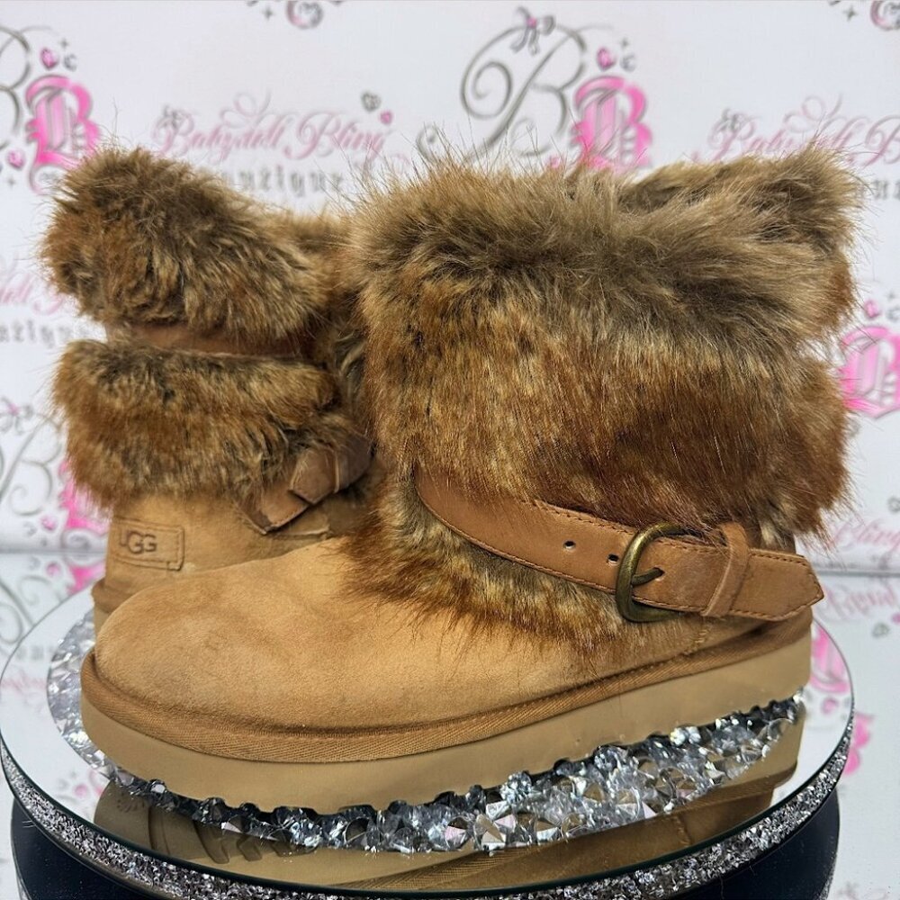 UGG CLASSIC BUCKLE MINI CHESTNUT FAUX FUR SHEARLING BOOT USA 10 rare brown furry
